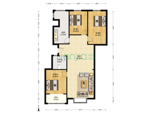 新方新怡园CD区 3室1厅1卫 128平方