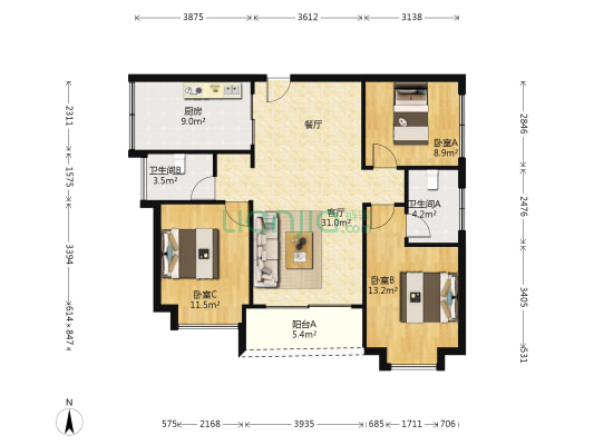 星河丹堤E区 3室1厅2卫 106平方