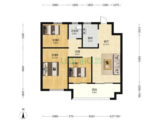 美的新华城 3室1厅1卫 94平方