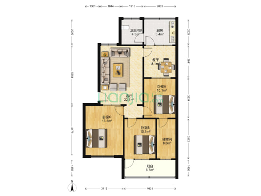 泰安市精神病医院宿舍 3室2厅1卫 99平方