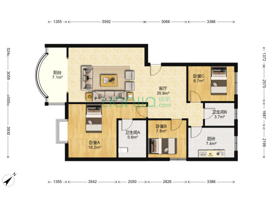 金碧园小区 3室1厅2卫 115平方