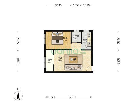 水岸花城西北一居方方正正中低楼层进出方便-户型图