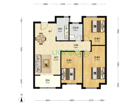 云河嘉苑 3室1厅1卫 114平方