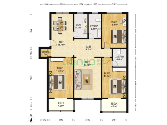 飞虹南村 3室2厅2卫 133平方
