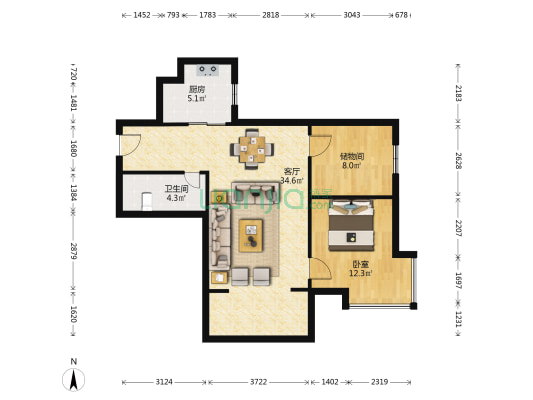 鸿安国际广场 1室1厅1卫 87平方