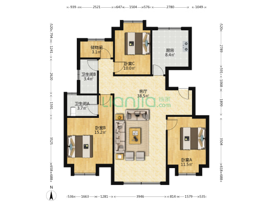 湖畔祥云花苑 3室1厅2卫 116平方