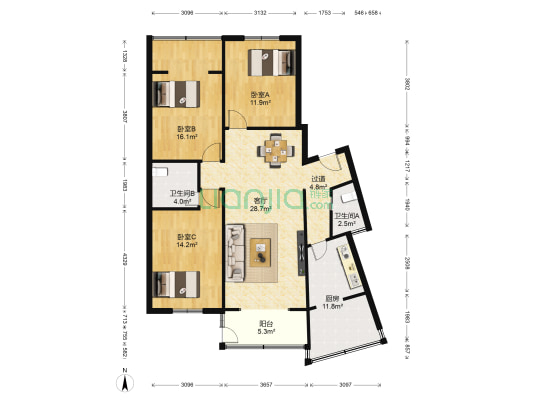 鹅岭山庄 3室1厅2卫 113平方
