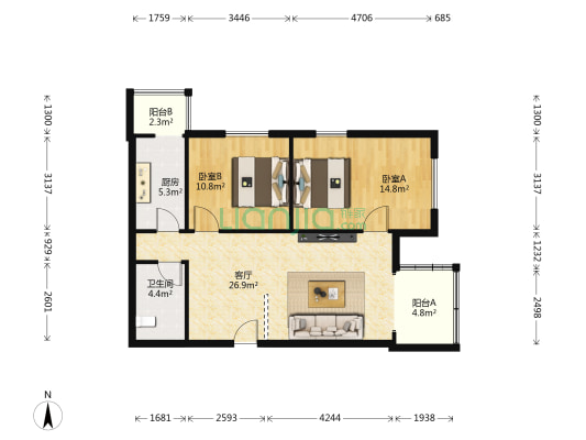 汇旺嘉园 2室1厅1卫 91平方