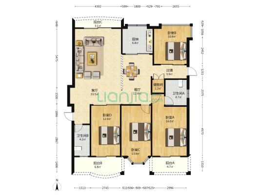 汇杰公寓 4室2厅2卫 152平方