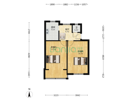 代李湾2号 2室1厅1卫 53平方