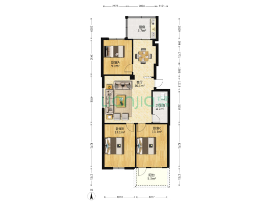 白马河新村 3室1厅1卫 104平方