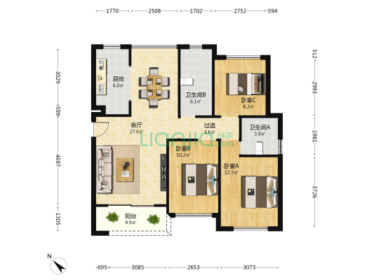 德威花园城二期 3室1厅2卫 105平方
