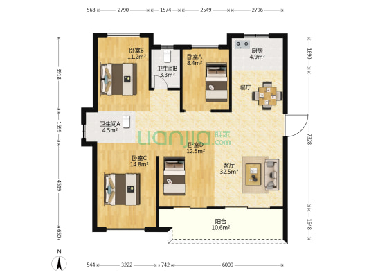 融湾澜玥 4室1厅2卫 125平方