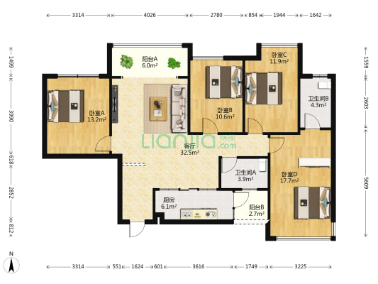 大唐果(西乡塘区) 4室1厅2卫 105平方