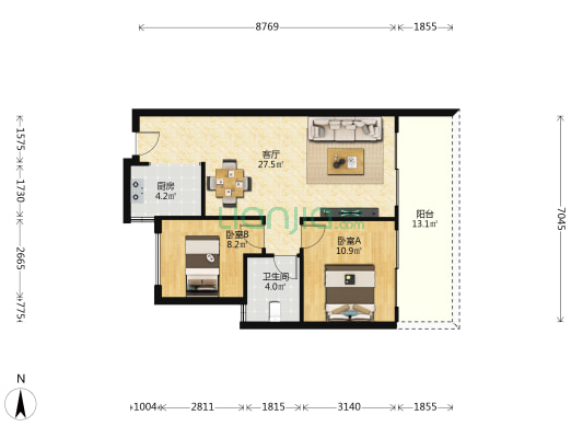 万达生态城鹿璟 2室1厅1卫 80平方
