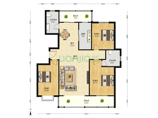 橄榄家园 3室2厅2卫 176平方