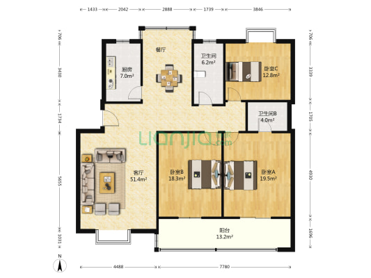 华康城南经典 3室1厅2卫 135平方