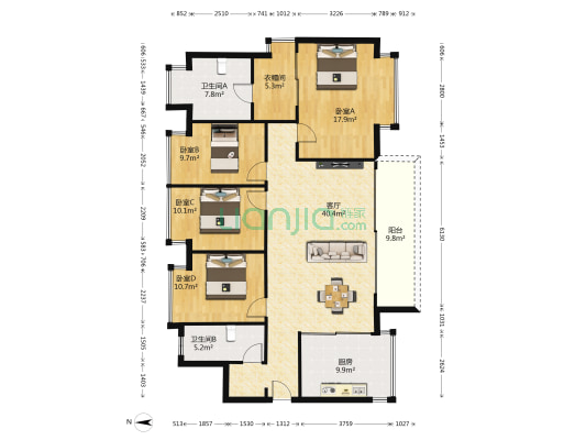 万科首铸翡翠东望 4室1厅2卫 143平方