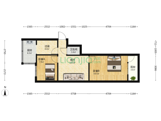 复兴区铁西南大街22号院 2室1厅1卫 52平方