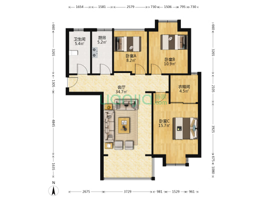 尚林苑 3室1厅1卫 107平方