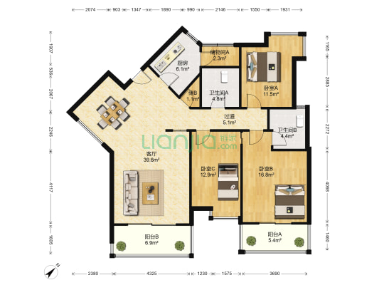 江南青年城绯云苑 3室1厅2卫 129平方