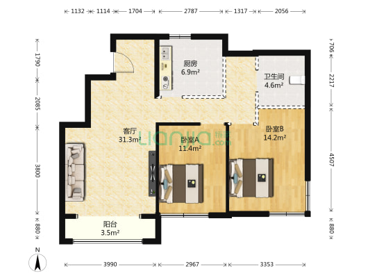 江山赋 2室1厅1卫 96平方