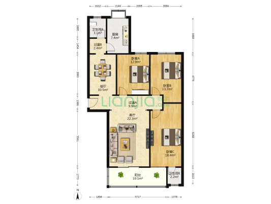 市二中北园宿舍 3室2厅2卫 137平方