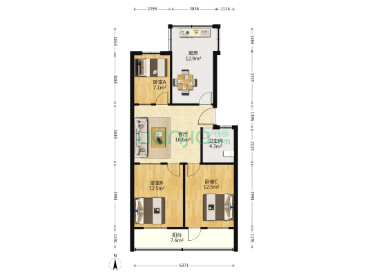 三里西小区 3室1厅1卫 87平方