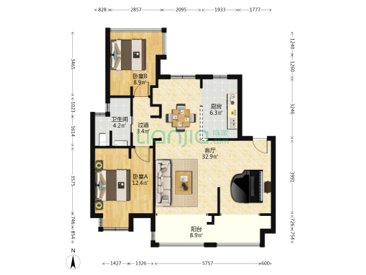 北京城建西华龙樾 2室1厅1卫 89平方