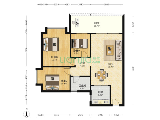 蓝湾逸居 3室1厅1卫 110平方