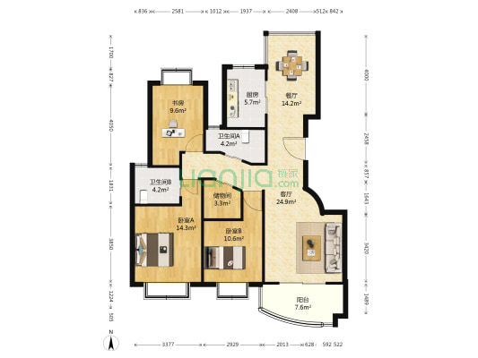 水岸心境 3室2厅2卫 121平方