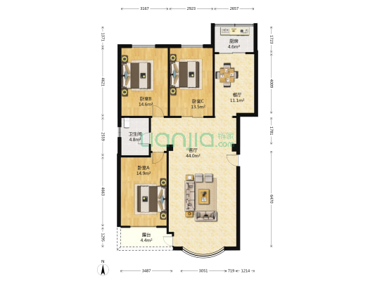 天兴新家园 3室2厅1卫 132平方