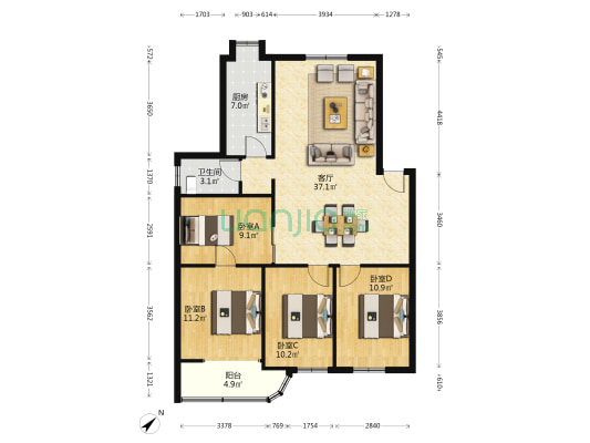 中山北路107号 4室1厅1卫 108平方