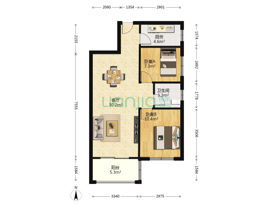 兰乔国际城 2室1厅1卫 77平方