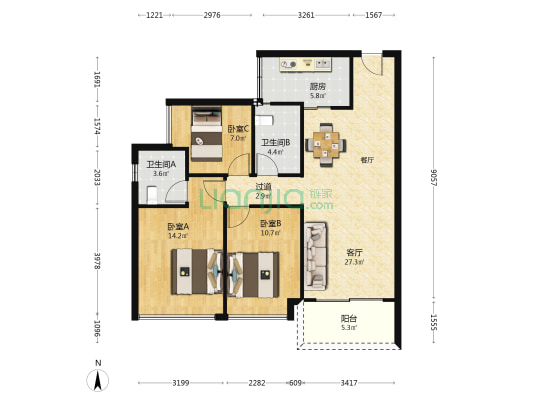 杏林雅苑 3室1厅2卫 105平方