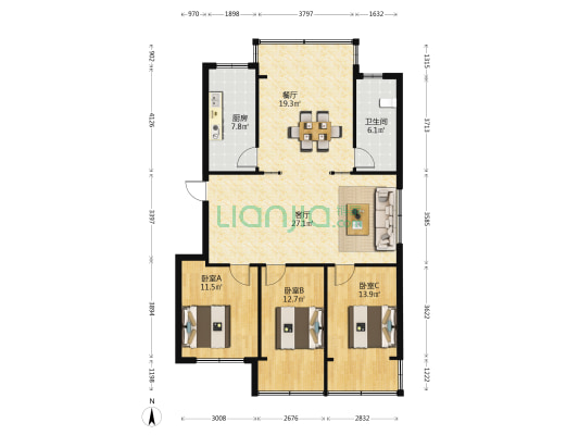 秀灵公寓 3室2厅1卫 114平方