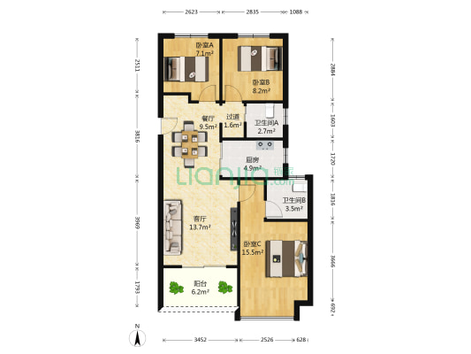 城光公寓 3室2厅2卫 85平方