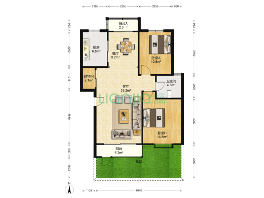 今天花园 2室2厅1卫 98平方