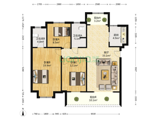 金威长岭嘉园 3室1厅2卫 127平方