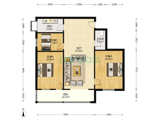 南山福屋 3室1厅1卫 111平方