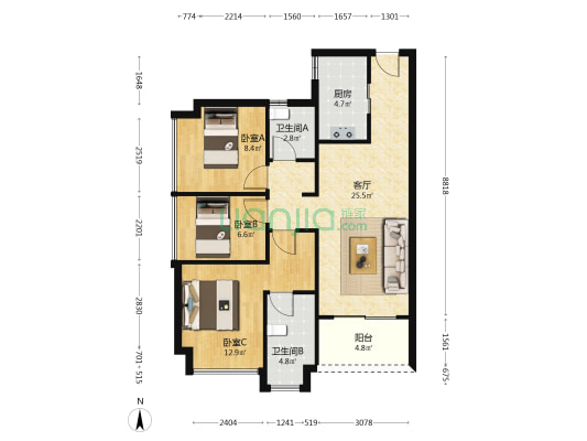 时代天逸 3室1厅2卫 91平方