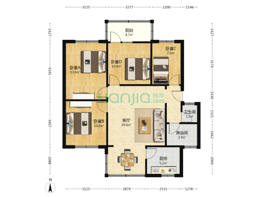 光华干休所 4室1厅2卫 97平方