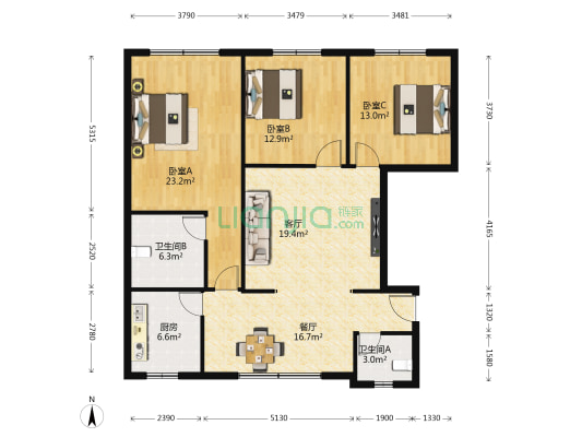 万荣小区 3室2厅2卫 136平方