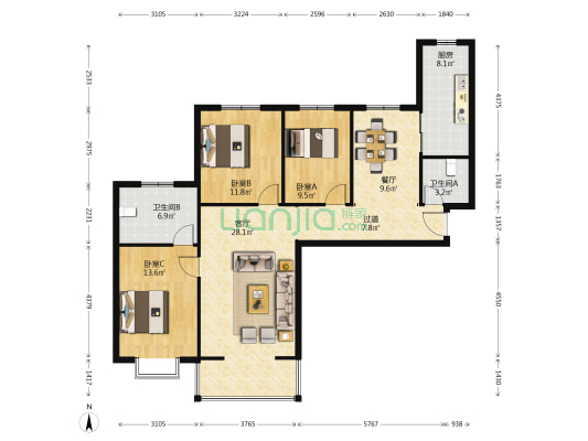 银泰逸翠园 3室2厅2卫 135平方