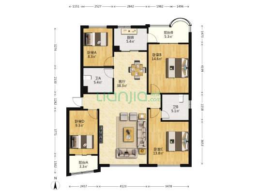 西房高新花园 4室1厅2卫 131平方