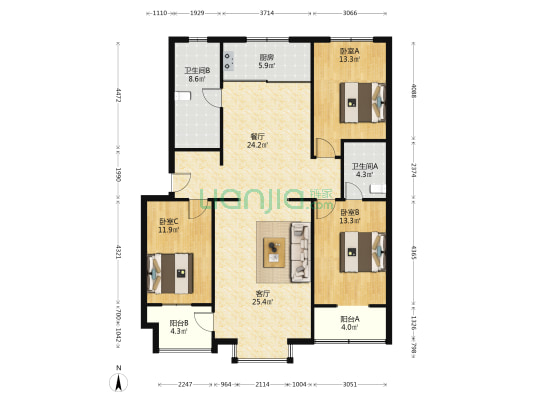 东部风景 3室2厅2卫 141平方