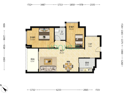 钰海山悦城 2室1厅1卫 88平方