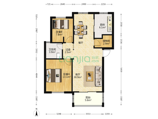 城市桃源 2室1厅1卫 90平方