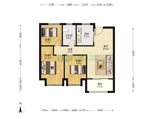 龙湖春江天玺北区 3室1厅1卫 86平方