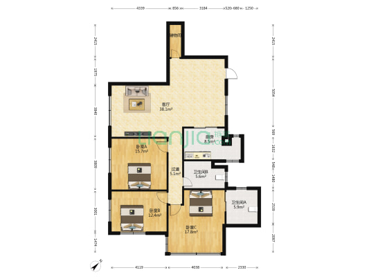 国贸大厦 3室1厅2卫 140平方